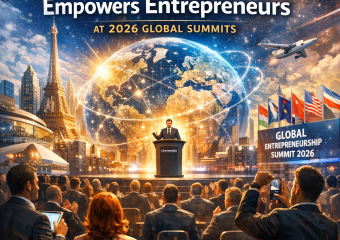 Entrepreneurs networking at a futuristic conference during the 2026 Global Entrepreneurship Summit.