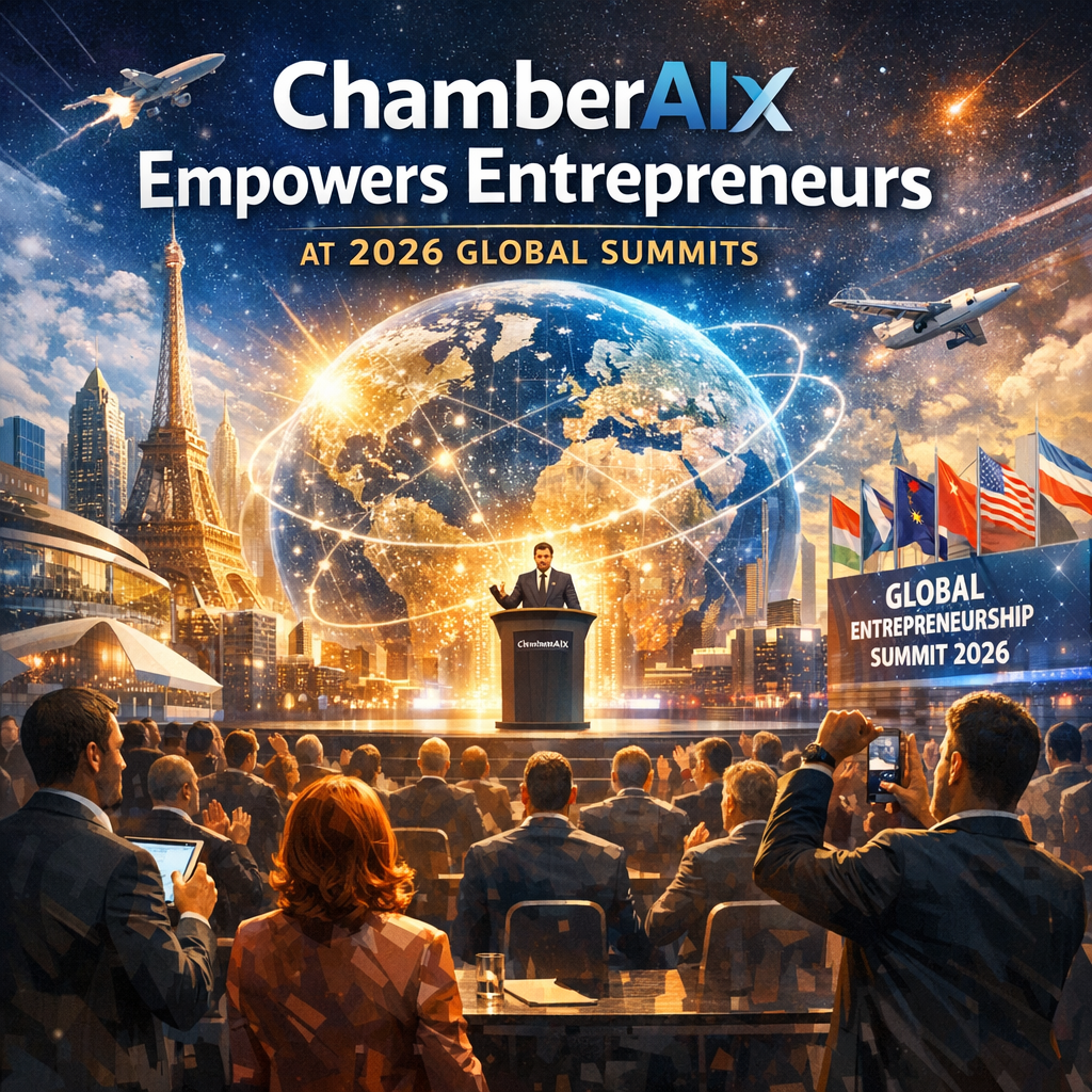 Entrepreneurs networking at a futuristic conference during the 2026 Global Entrepreneurship Summit.