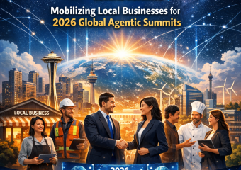 Promotional graphic featuring diverse business leaders at a conference, text overlay announces “ChamberAIx 2026 Global Agenti