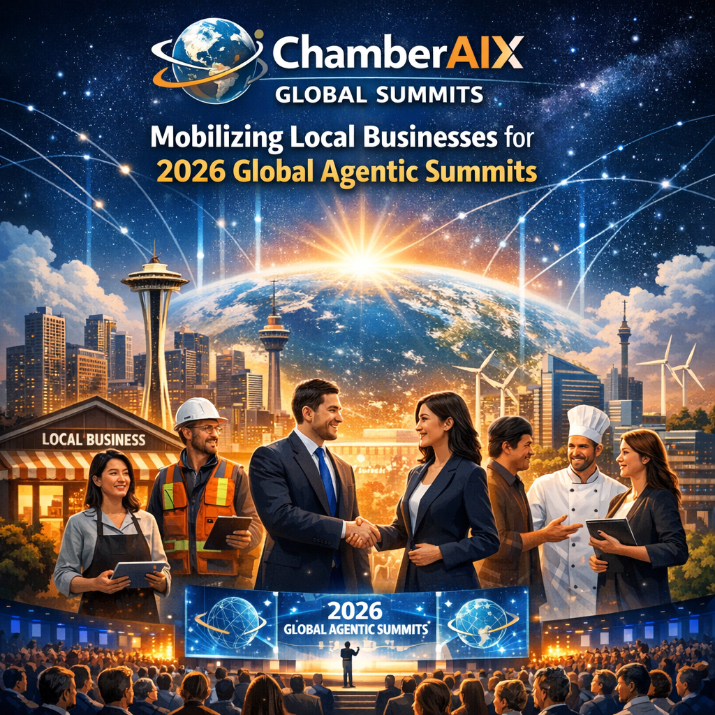 Promotional graphic featuring diverse business leaders at a conference, text overlay announces “ChamberAIx 2026 Global Agenti