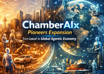 Global digital network illustrating AI-driven economic expansion connecting local to international markets.