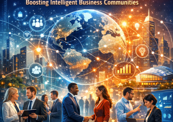 Global business professionals collaborating using digital tools in a smart city environment.