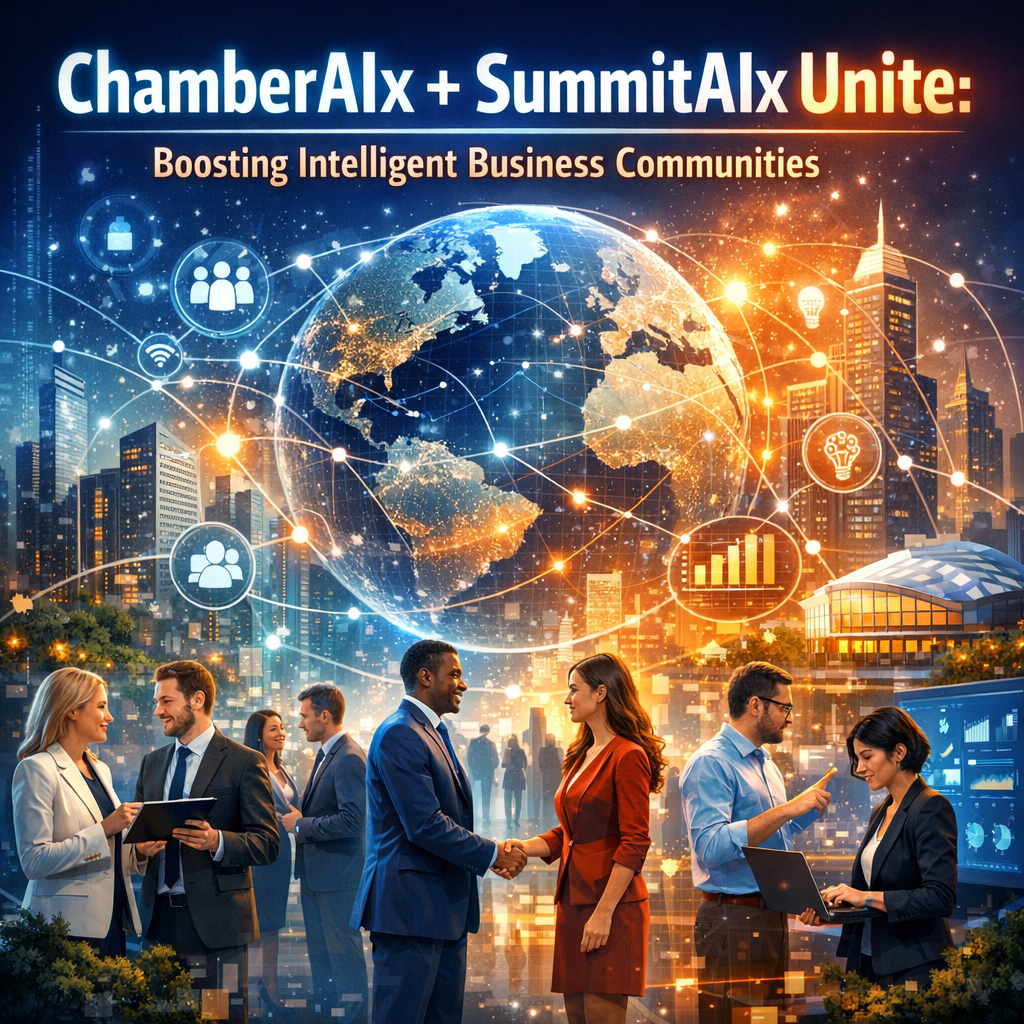 Global business professionals collaborating using digital tools in a smart city environment.