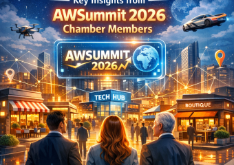Futuristic cityscape with digital overlays symbolizing AW Summit 2026 insights on local business innovation.