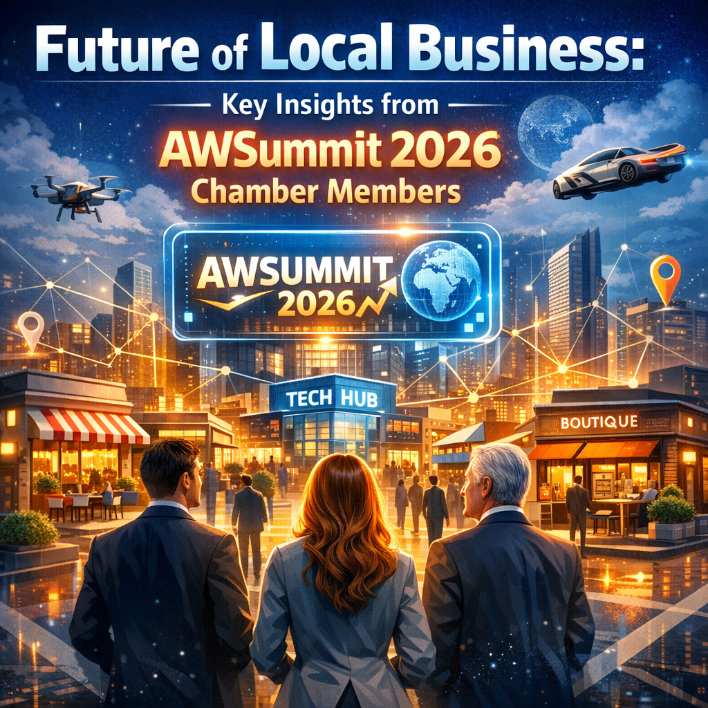 Futuristic cityscape with digital overlays symbolizing AW Summit 2026 insights on local business innovation.