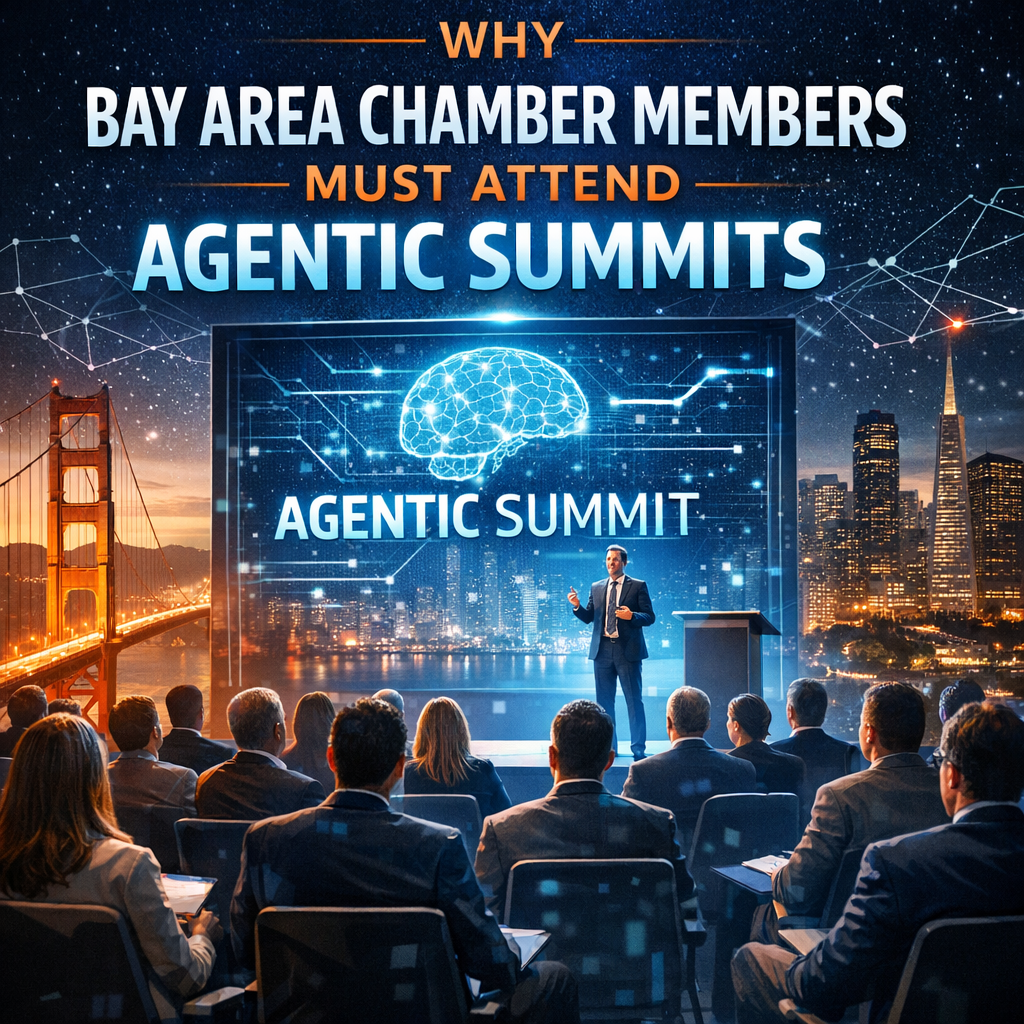 Businesspeople networking at an Agentic Summit in the Bay Area.